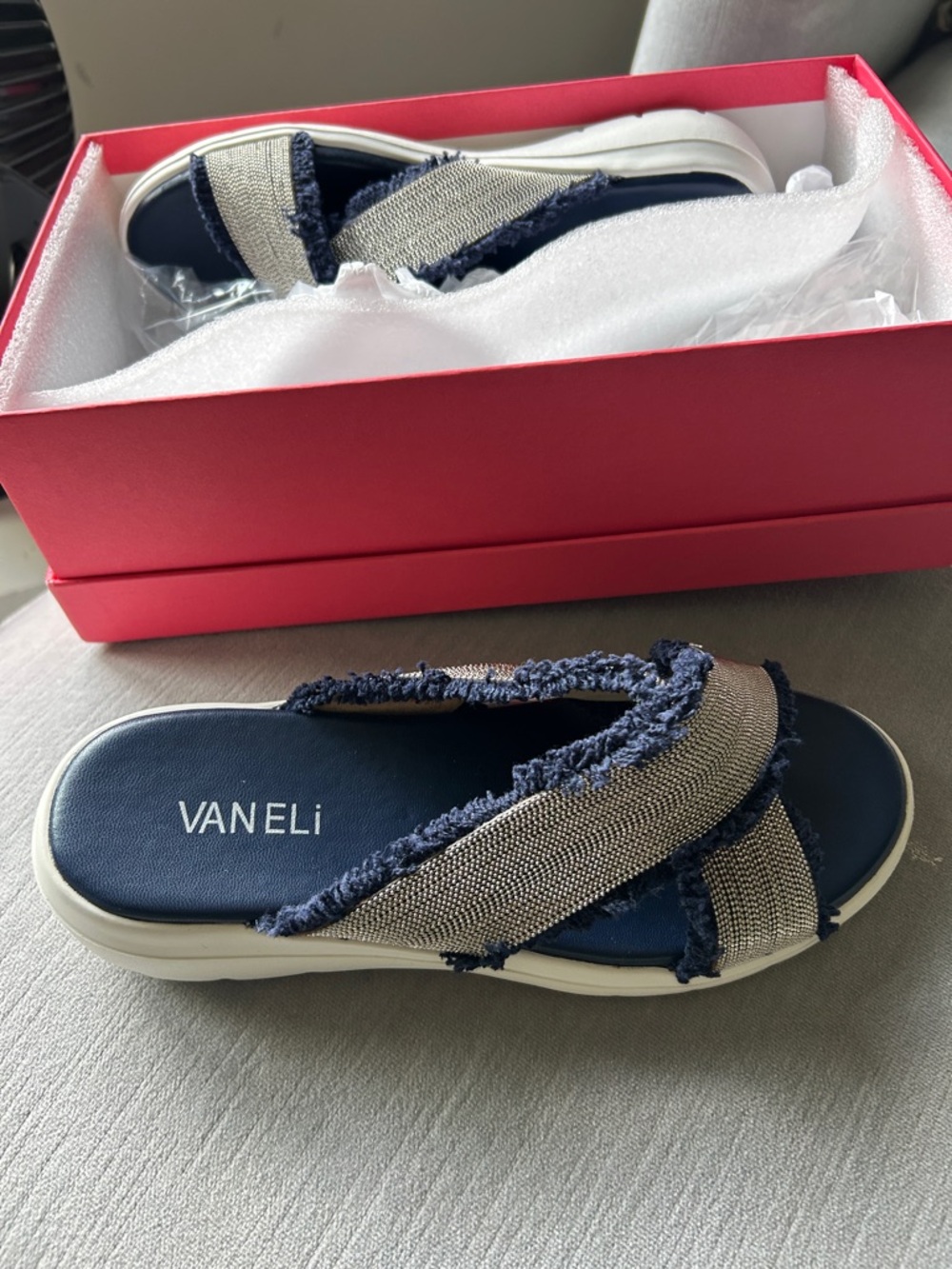 Vaneli Navy and Silver Crisscross Slide Rubber Sandal